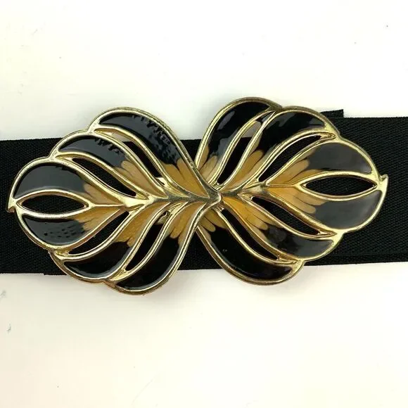 Vintage 80s Black Gold Stretch Enamel Metal Hook Clasp Peacock Feather 31" - Picture 5 of 8